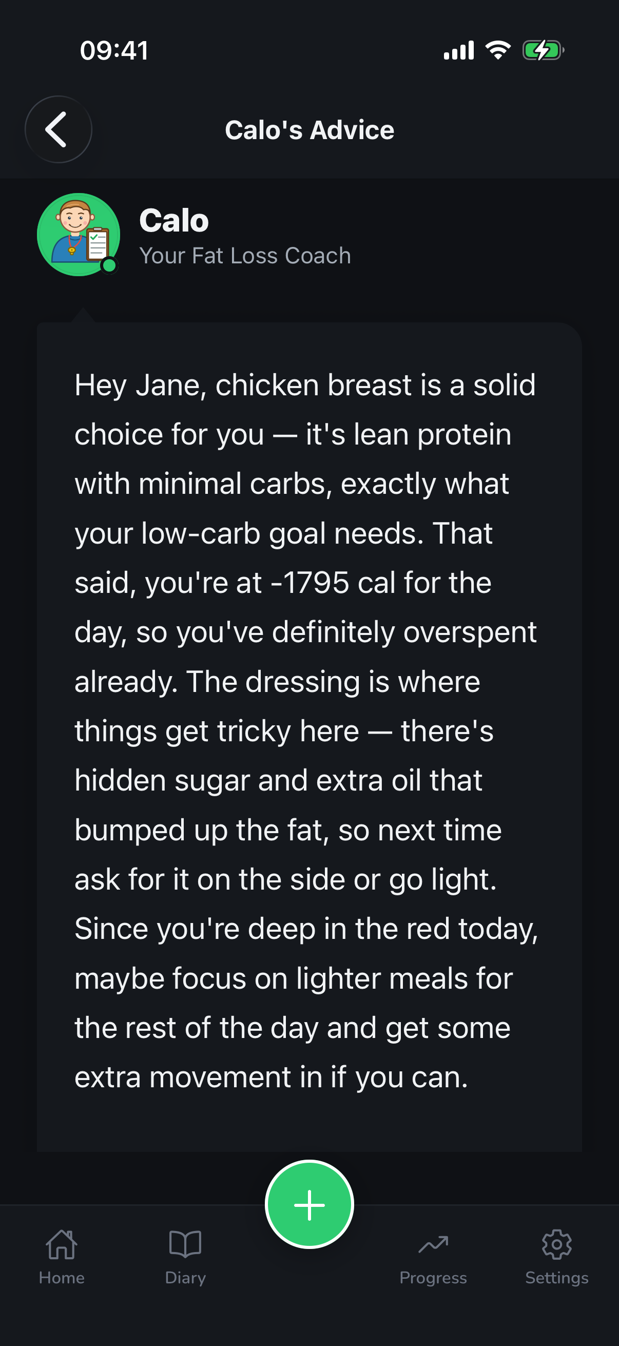Calo's coaching advice explaining why the meal was a solid choice and what to do next