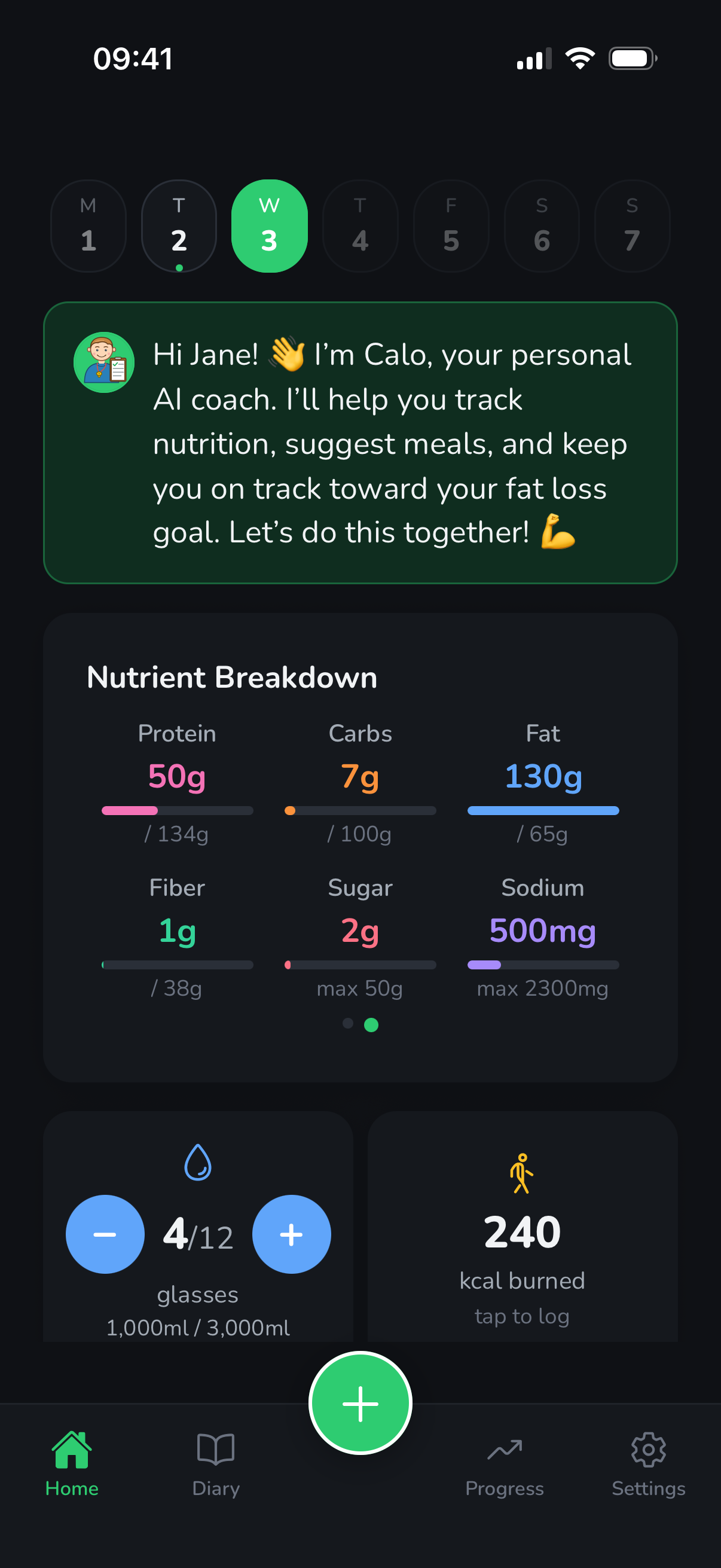 Calowly AI home screen with Calo, your AI coach, greeting Jane