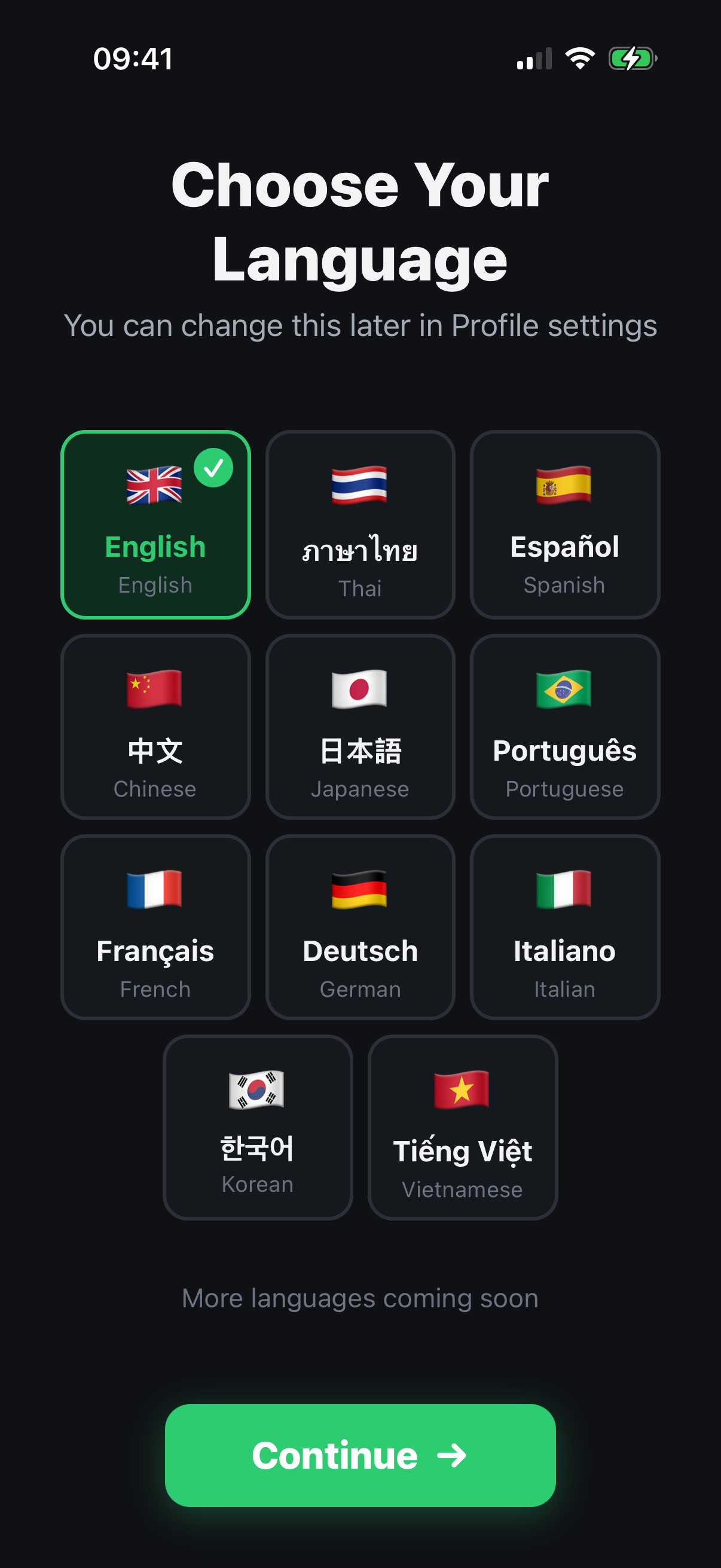 In-app language picker with English selected among eleven supported languages
